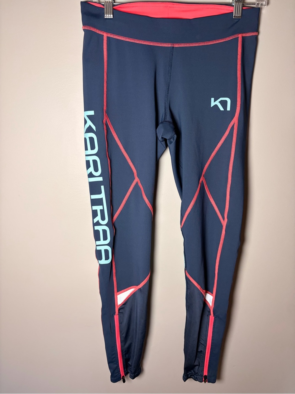Kari Traa Women’s Performance Running Leggings Navy Pink Zip Ankle M
